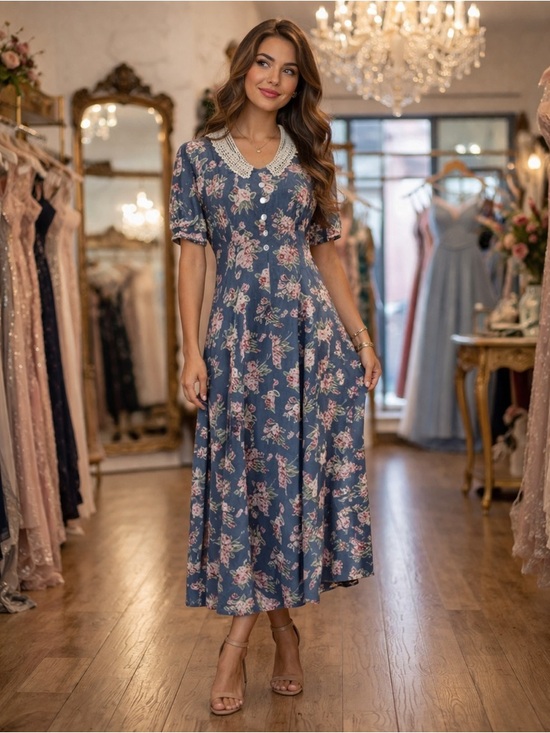 Betsey Johnson Dresses & Skirts - Rare Vintage Y2K Betsey Lauren Floral Cottage Victorian Midi Lace Collar Dress
